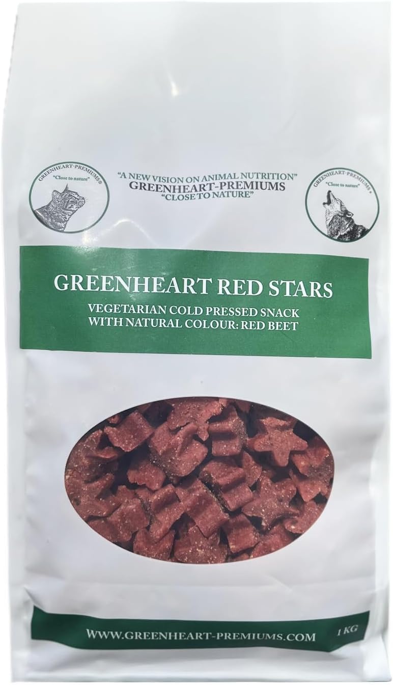GREENHEART-PREMIUMS | 1 Kg di Snack Stelline Rosse | Masticabili per Cani Vegane e Senza Glutine | Premium | 100% Naturali | No Coloranti o Antiossidanti Chimici