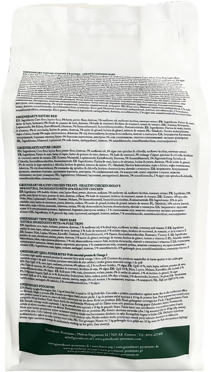 GREENHEART-PREMIUMS | 1 Kg di Snack Barrette Verdi | Masticabili per Cani Vegane e Senza Glutine | Premium | 100% Naturali | No Coloranti o Antiossidanti Chimici