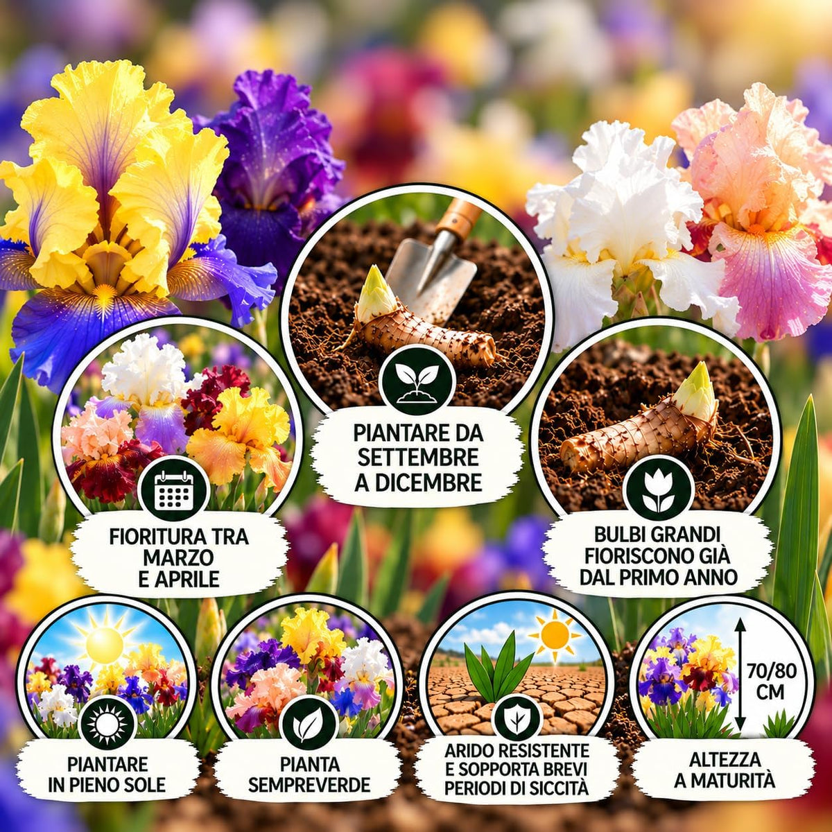Iris germanica rizomi mix, piantare da settembre a dicembre, fioritura tra marzo e aprile, altezza a maturità 70/80 cm.