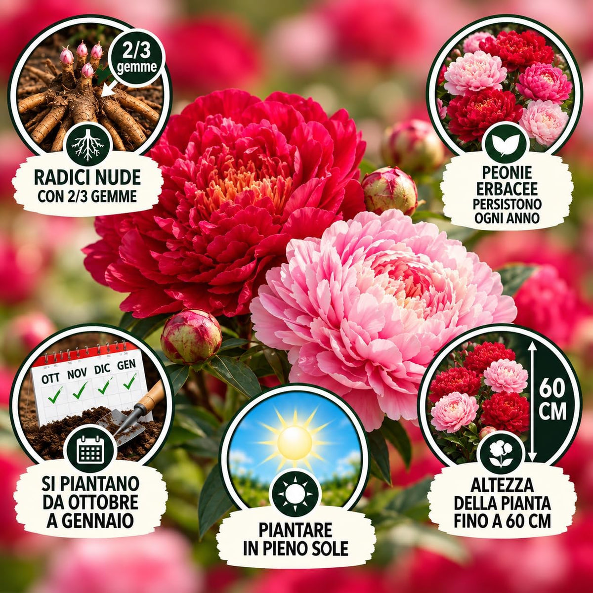 PAEONIA Lactiflora ROSSA E ROSA (2 Radici)