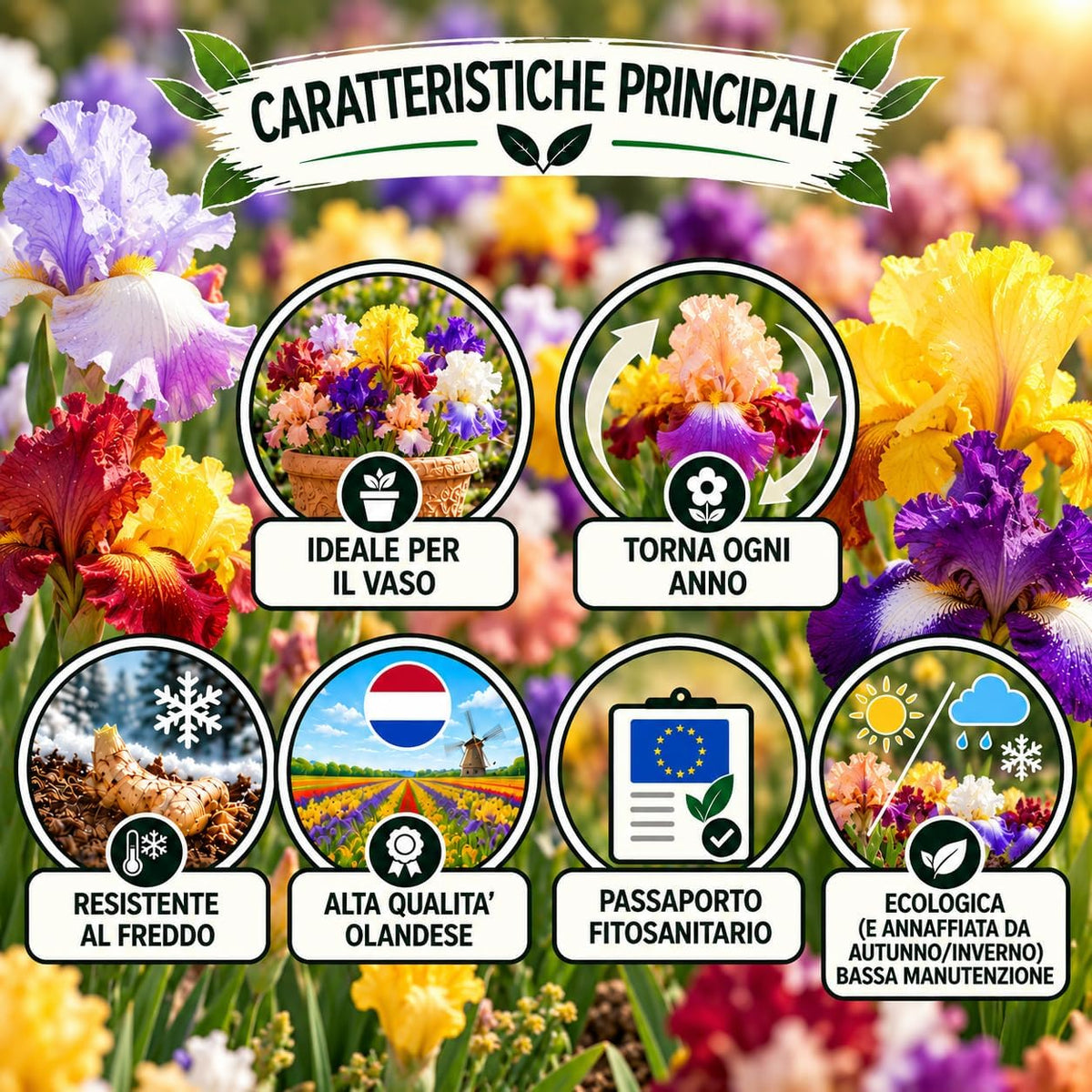 Caratteristiche di iris germanica rizomi mix: ideale per il vaso, resistente al freddo, alta qualità olandese, ecologica, passa ogni anno.