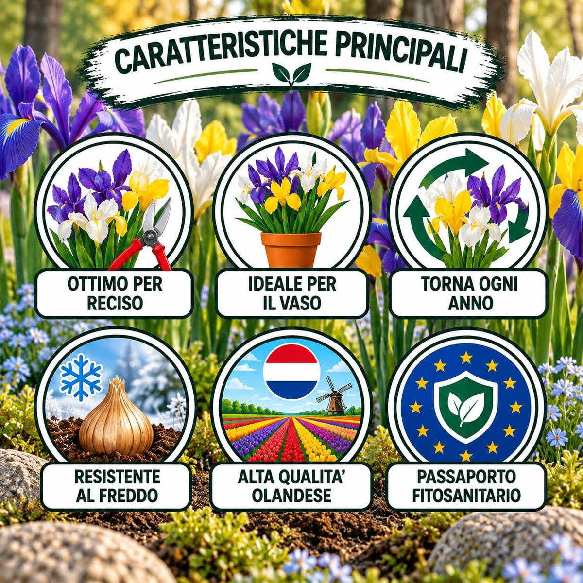 Caratteristiche principali del miscuglio di bulbi di iris hollandica, ottimo per giardini e vasi, resistente al freddo, alta qualità olandese.